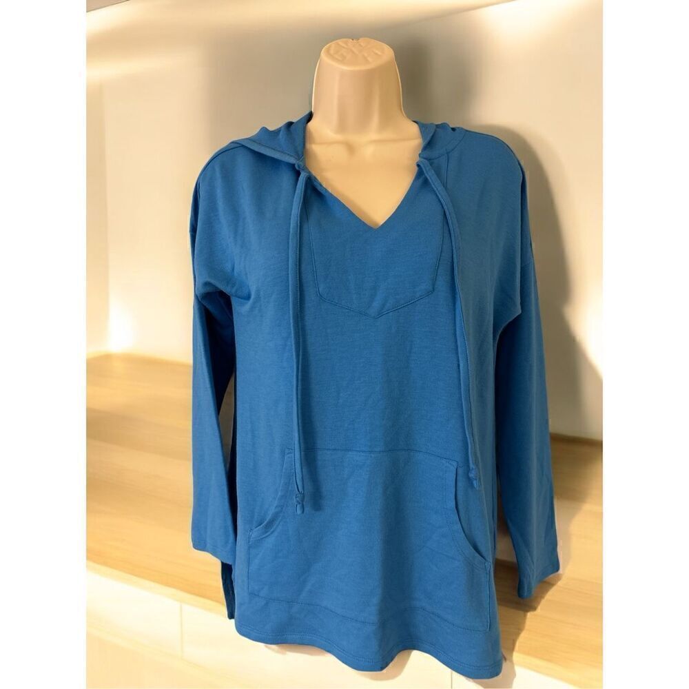 Soft Surroundings Womens Blue French Terry Hooded Tunic Top Sweatshirt Size PXS